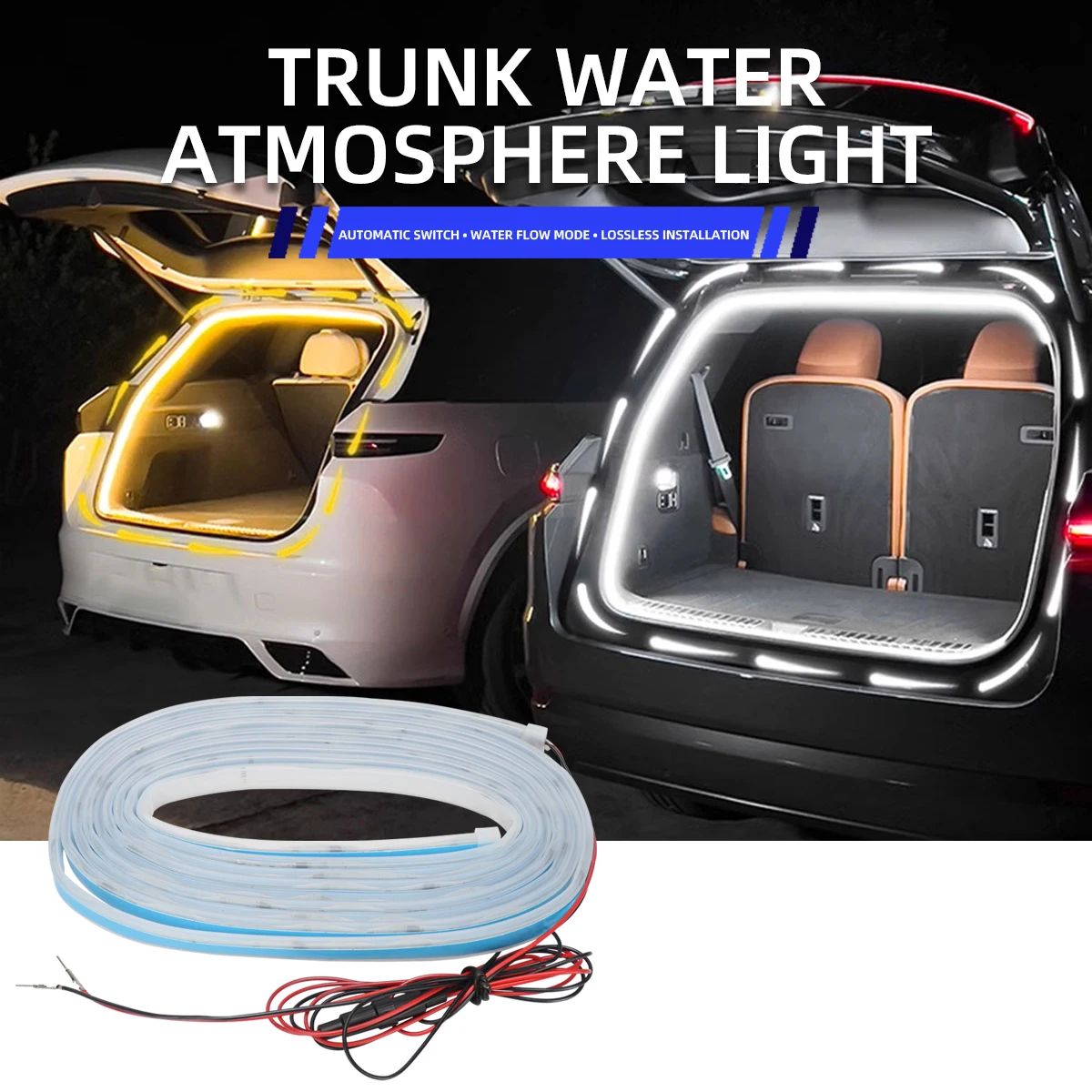 

Светодиодная лента для освещения багажника автомобиля 2/4 м, высокая яркость, декоративная подсветка салона, беспроводная, с автоматическим датчиком, для задней двери.