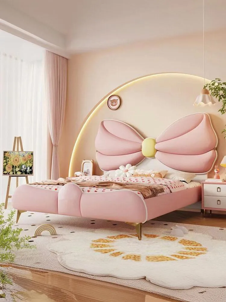 Bow Princess Bed Pink Leather Bed 1.35 Modern Simple Light Luxury Girls Bedroom Teen Girl Children's Bed