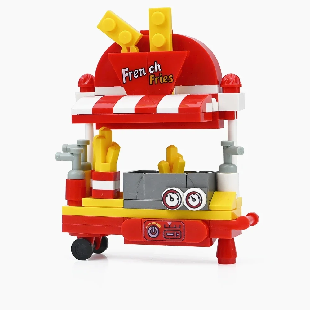 MOC Architektur Straßenverkauf Französische Pommes Frites Snack-Wagen Bausteine Mini-Imbisswagen Ziegel Spielzeug Schreibtisch-Desktop-Dekoration – Detail 5