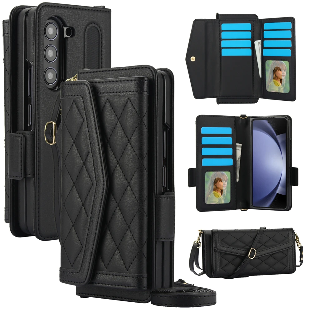 Luxury Card Slot Phone Holder Leather Case for Samsung Galaxy Z Fold 6 5 4 3 Fold6 Fold5 Wallet Strap Cover Crossbody Cases Etui