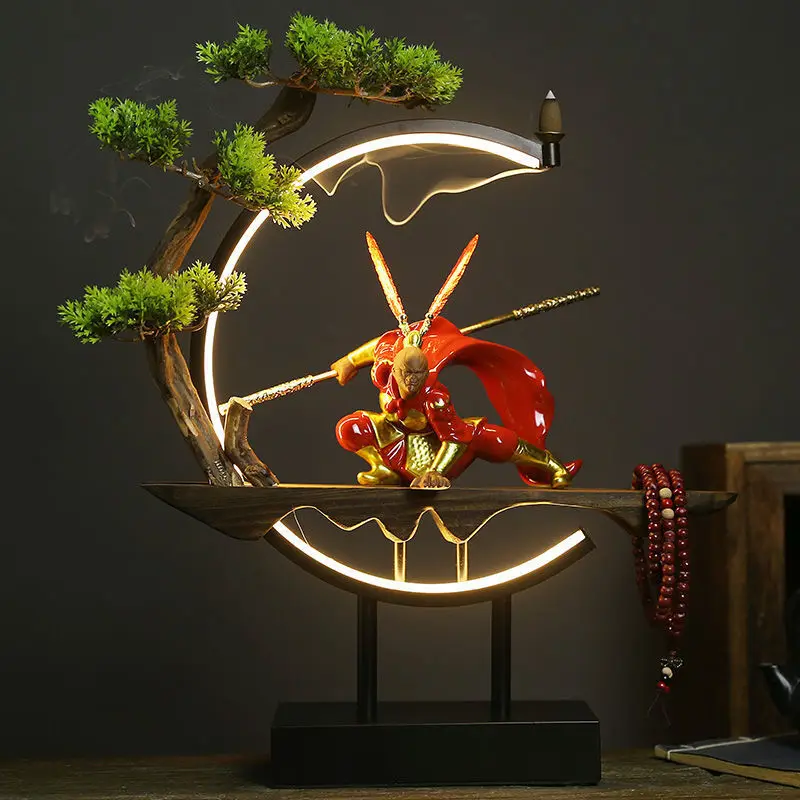 New Chinese LED Lamp Circle Zen Incense Burner Home Decor Ornaments Living Room Decoration Backflow Incense Monkey King