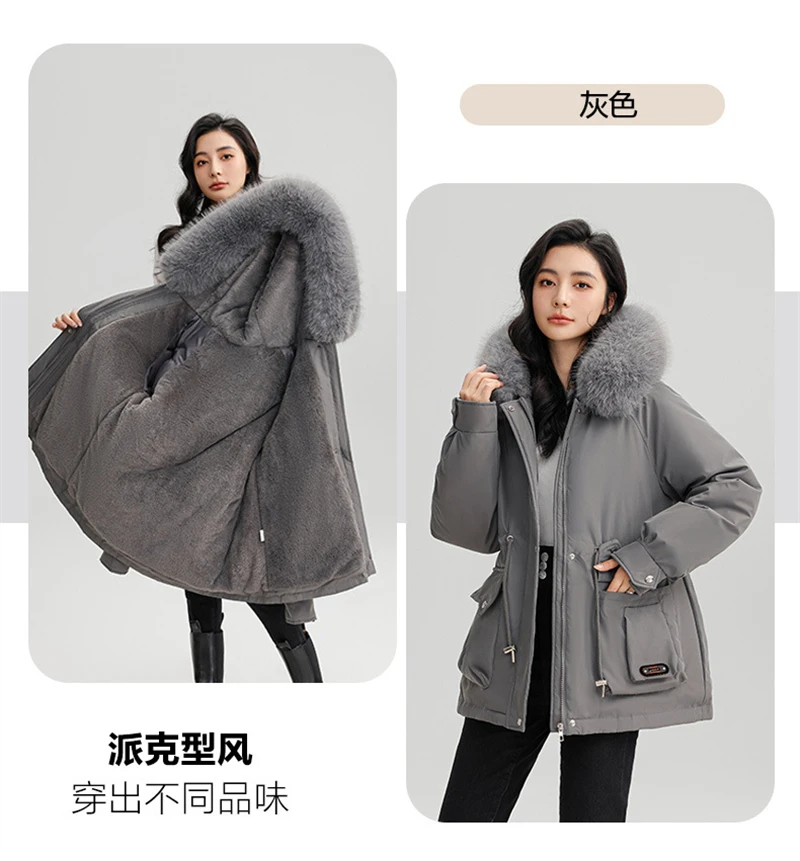 Winter New Warm Down Cotton Jacket with Large Fur Collar Hooded Coat Loose Women Thicken Parker Puffer Overcoat Casual Wear