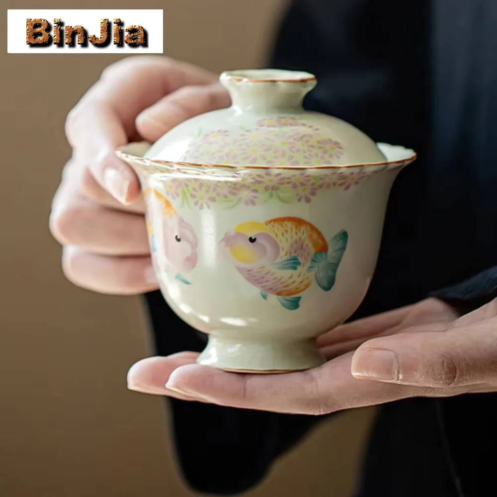 

160 мл китайская керамическая печь для гавань в стиле ретро, золотая рыбка, не горячий чай, чехол для домашнего изготовления, чаша, посуда для напитков, украшения, принадлежности