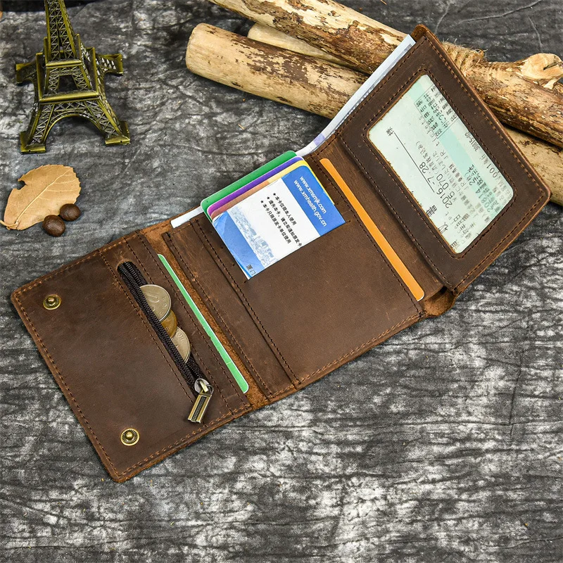 Men's genuine leather short wallet, Crazy Horse leather three-fold loose change multi-position short chain anti-theft wallet