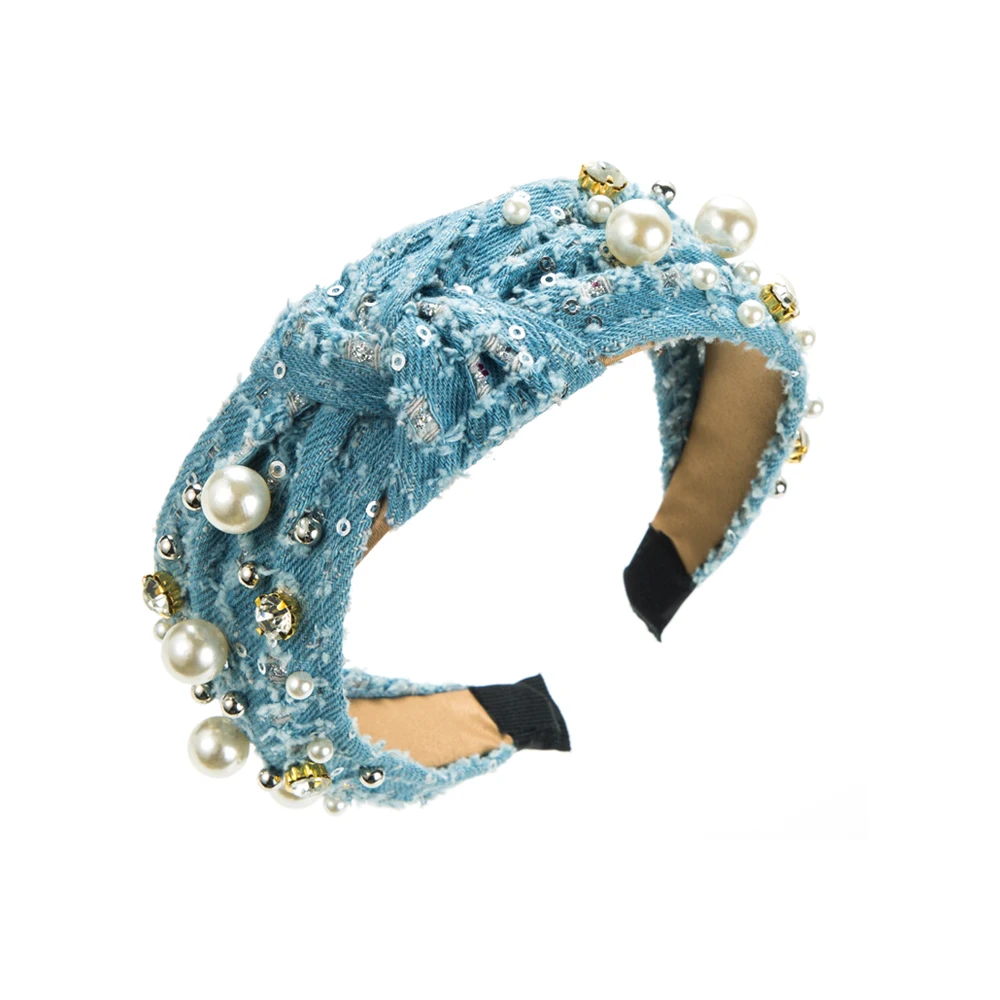 New European And American Denim Fabric Hairbands For Women With A High-End Sense Of Fashion And Trendy Pearl Glitter Headband