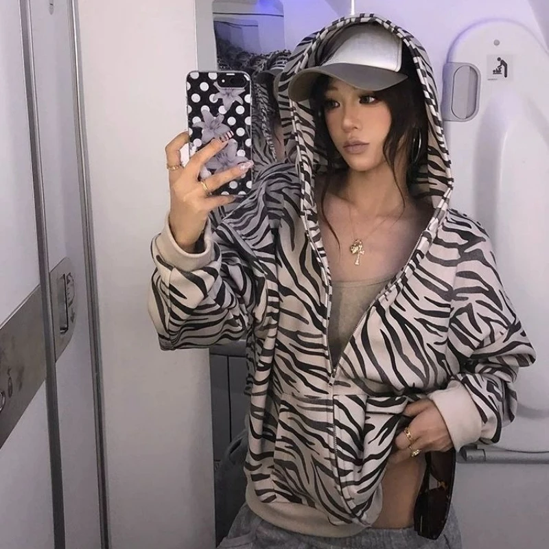 Kimotimo Women Zebra Striped Zip Up Hoodie Vintage Harajuku Loose Long Sleeve Jacket Coats Autumn Winter Y2k Casual Streetwear