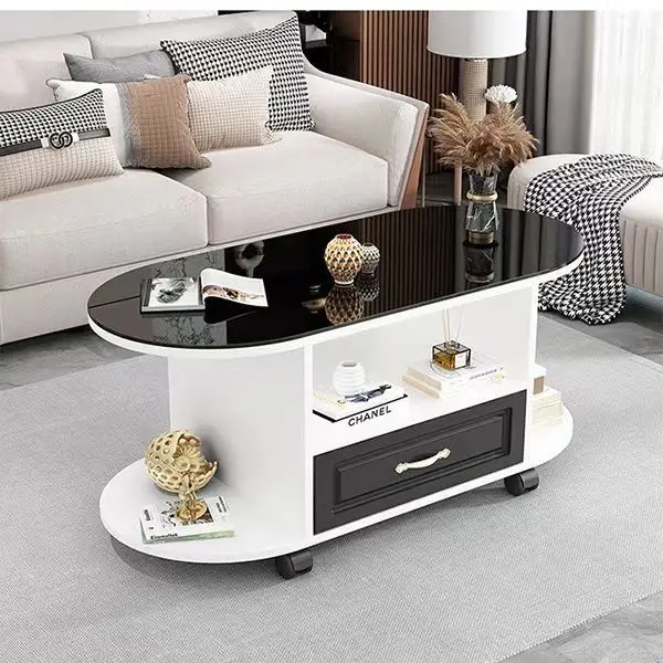 & Modern Minimal Oval Stone Coffee Table, Mobile Caster Multi-function Small Leisure Desk for Household Living Room Wholesale