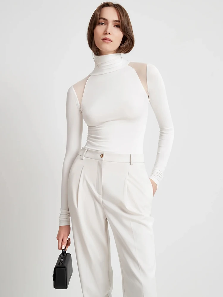 Ahagaga Fashion Sexy Patchwork Bodysuits Women Solid Full Sleeve Streetwear Regular Casual Slim Elegant Ropmers Tops Turtleneck