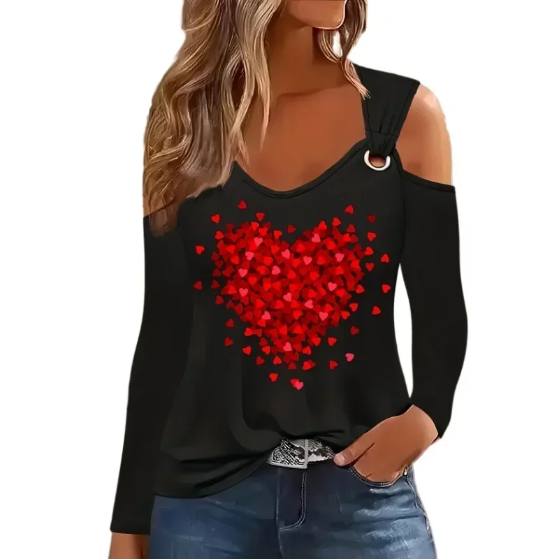 Moda damska Plus rozmiar 1XL-5XL T-shirt damski seksowny Off The Shoulder T-shirt z długim rękawem Ladies Love Printed Fashion Top