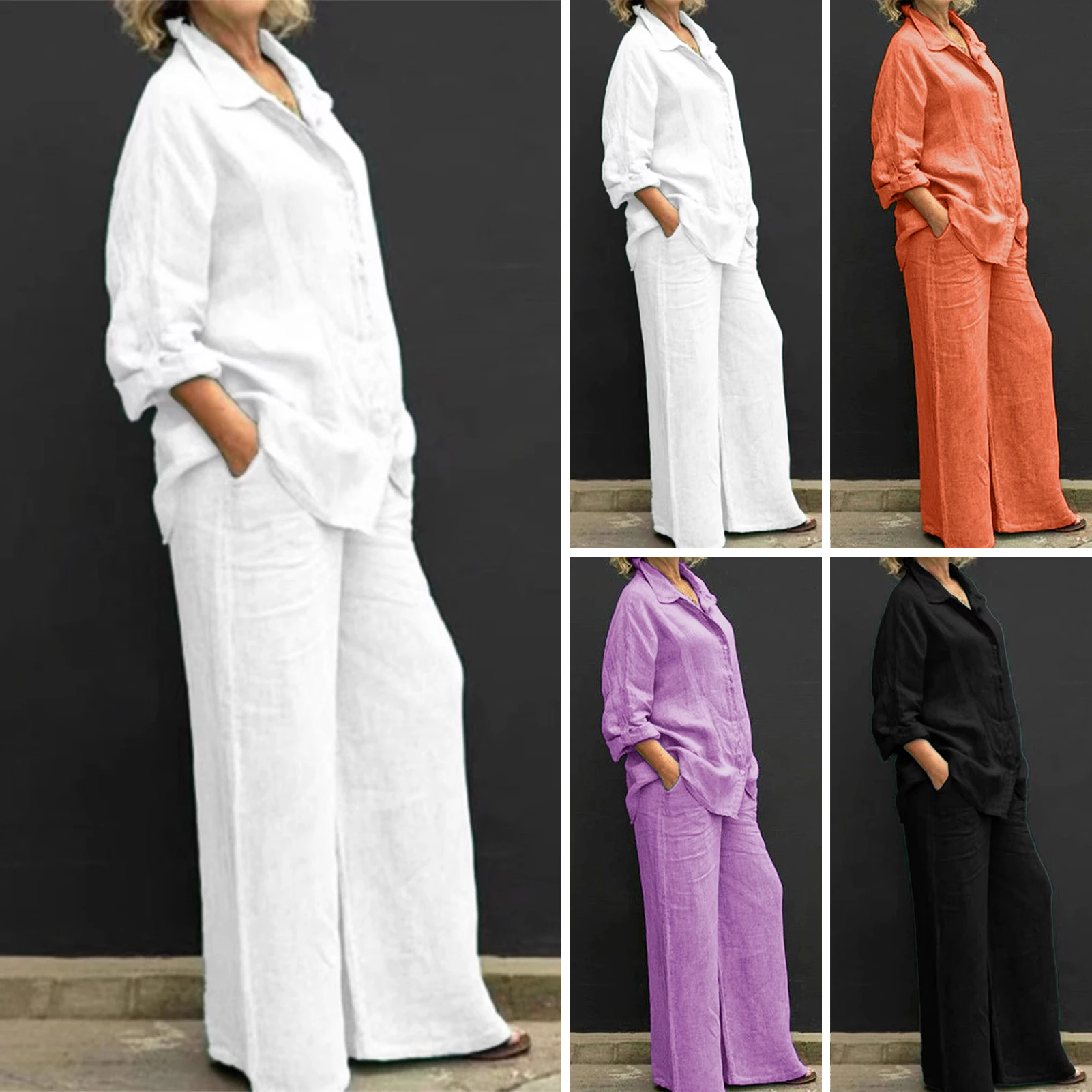 2024 Summer Casual Cotton Linen Suits with Pants for Women Shirt and Shorts Set Outfit Long Sleeve Ankle-Length Pants Tracksuit