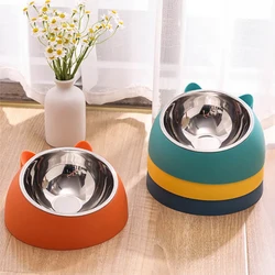 Pet oblique stainless steel dog bowl neck protection bowl feeding water feeding cat bowl plastic bowl two in one, one bowl dual