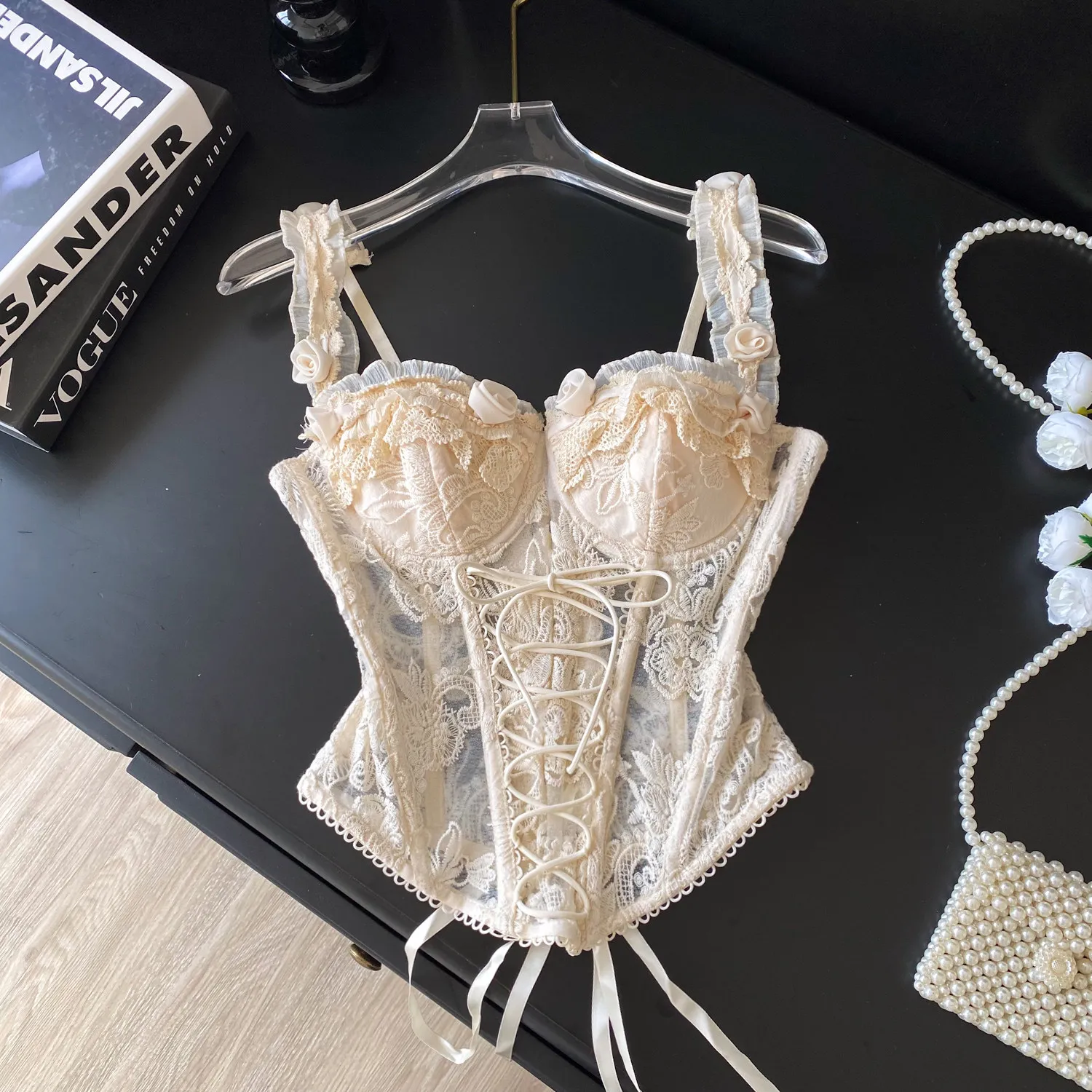 Chic Lace Floral Bandage  Corset Bustier  Camis Sexy  Fashion Tank Top Slim Basic Summer Women Party Crop Top  Outer Wear
