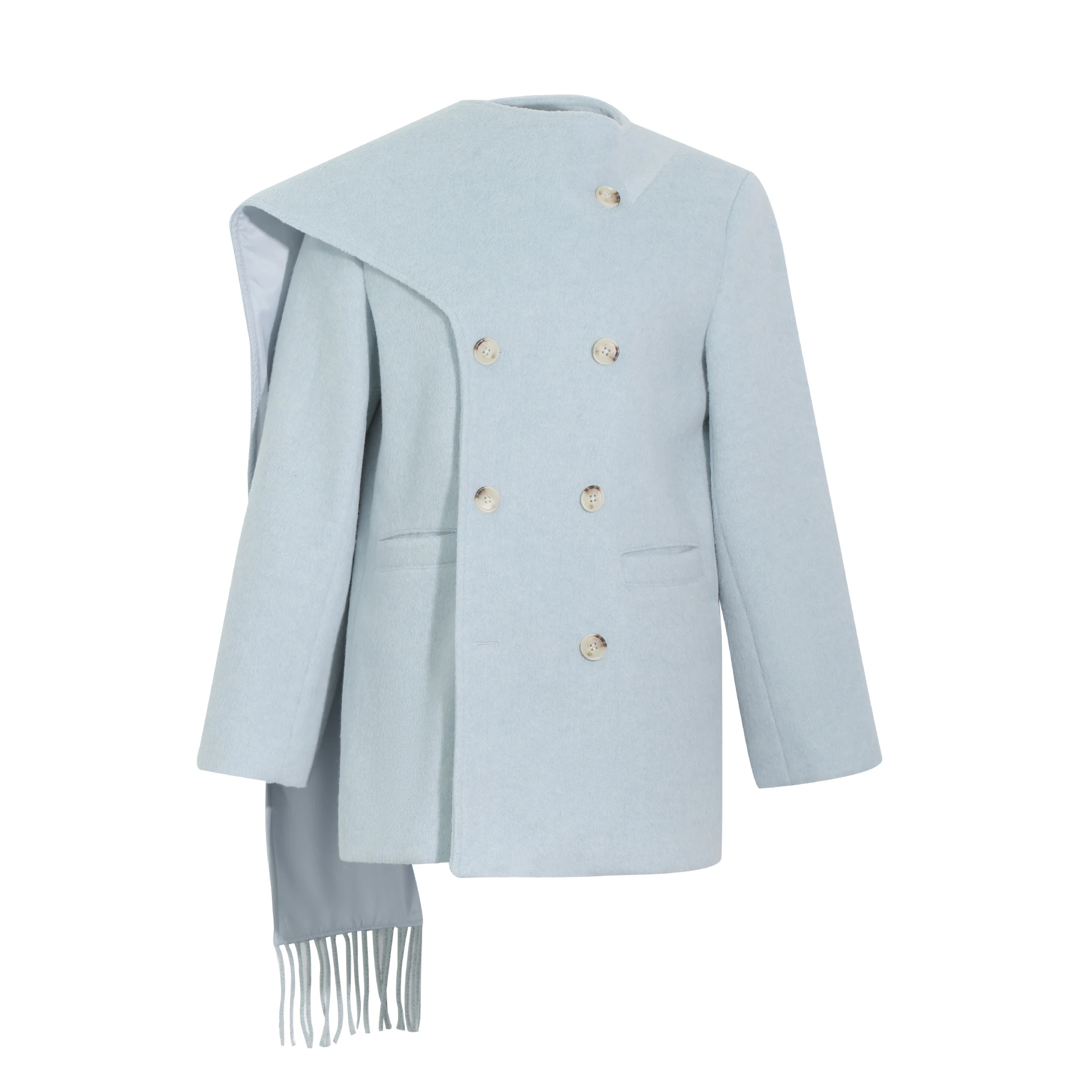 Korean-style stylish design with a scarf collar and double-breasted mid-length woolen coat for women in autumn and winter