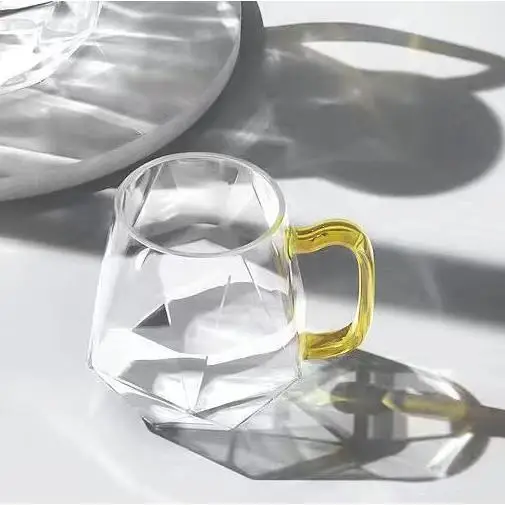 Diamond Cup High Borosilicate Glass Single Layer Simple Home Use Handle Anti-Scald Drinking Water Cup Amberplatinum Hexagonal...