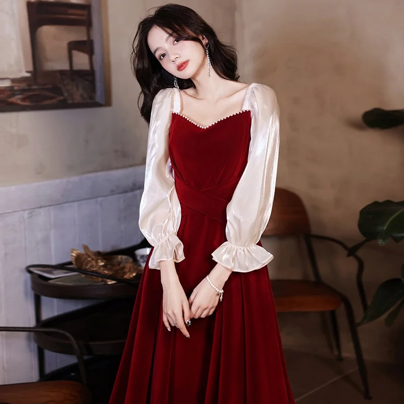 

Red Wedding Dress Evening Gown for Women Engagement Party Dresses High Waist Grid Cloth New 2025 New Style Champa Dress