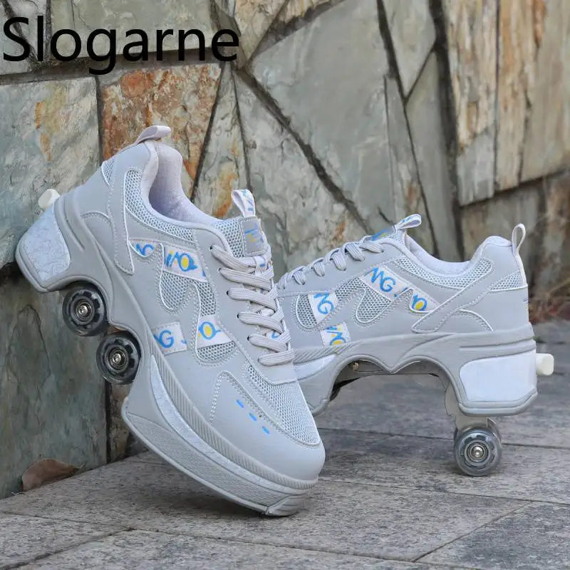 Roller Skate Shoes Men 4 Wheels Dual Purpose Deformation Roller Sneakers Women Sports Shoes Students Birthday Gift Parkour Shoes