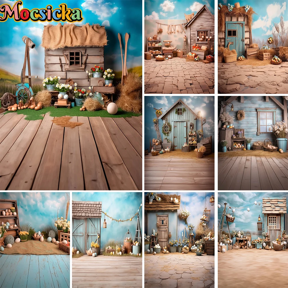 

Mocsicka Photography Background Blue Barn Wooden Cabin Easter Colored Eggs Backdrop Kids Birthday Cake Smash Baby Photo Studio