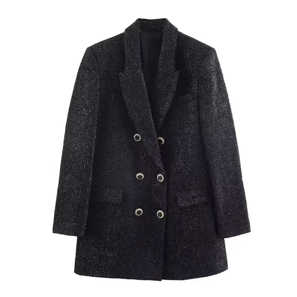 KONDALA 2026 Spring Office Lady Black Long Blazers Fashion New Year Double Breasted Coarse Spinning Women Long Blazers