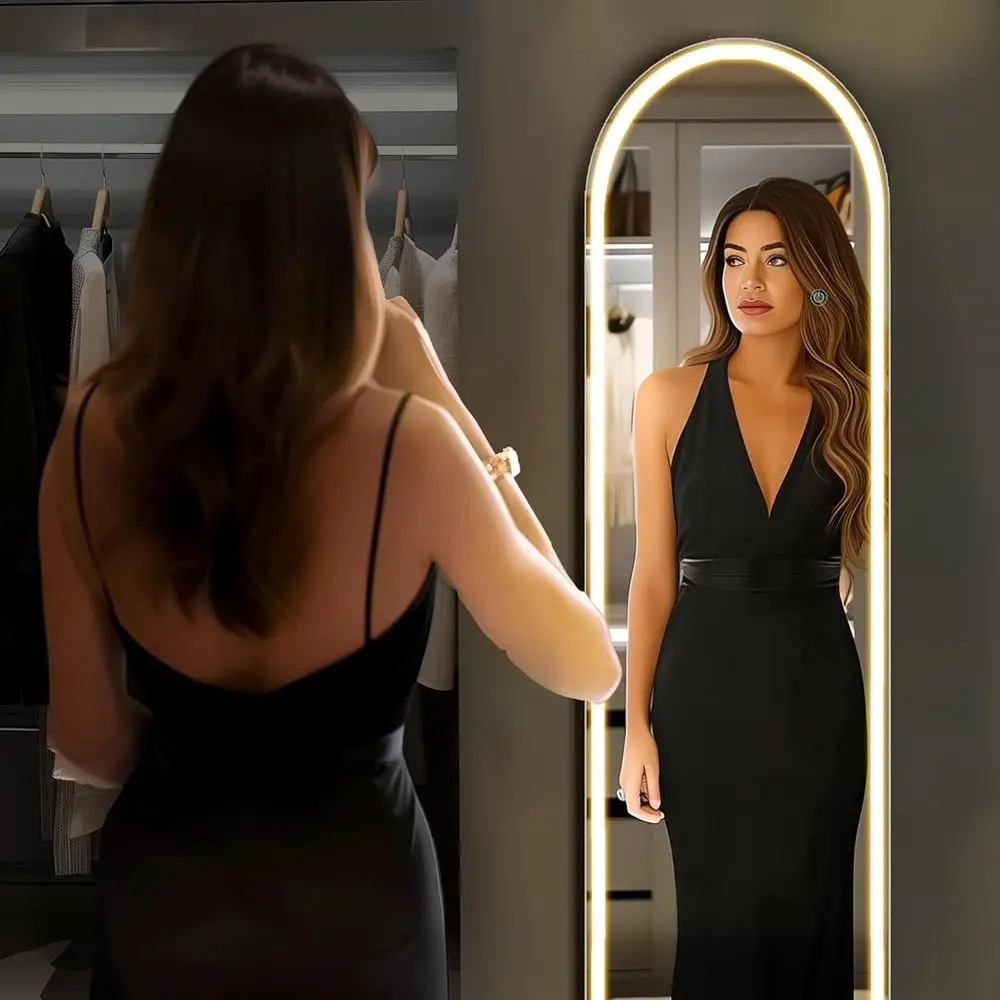 LED 조명 바닥 스탠딩 아치 거울, 15.7x59.8, 3가지 색상 조명, 침실, 드레스룸, 거실, 욕실에 적합