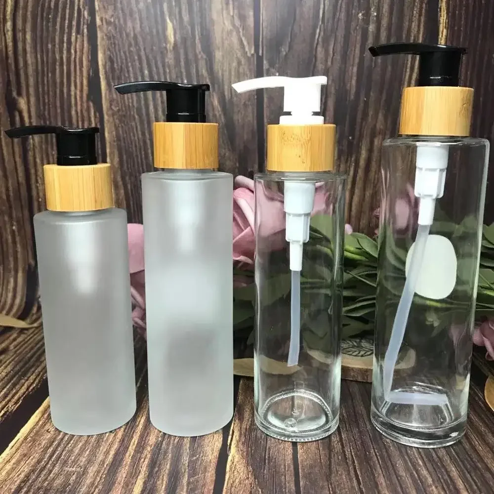 

whosesale Spray Bottles Frosted Transparent Glass Lotion Bottle Environmental Bamboo Lid Glass Bottles Empty Skin Care Packaging