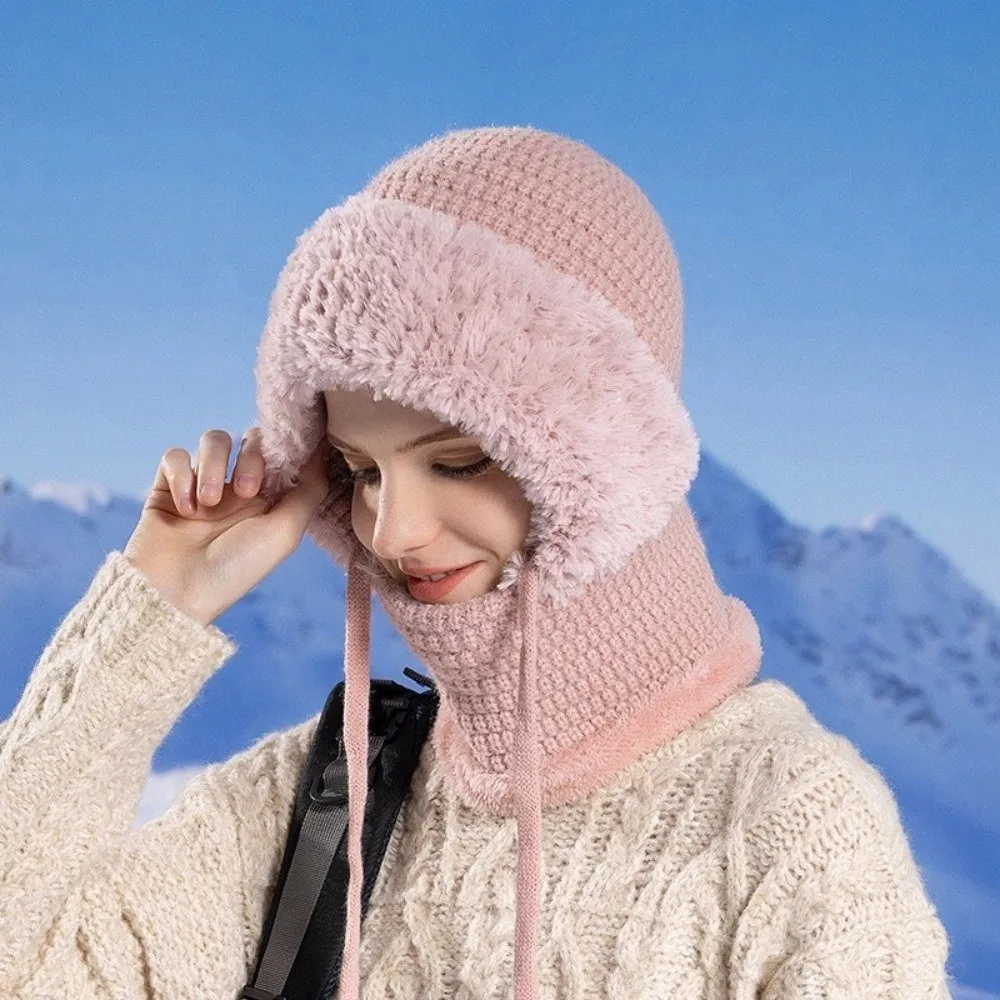 Simple Multi functional Balaclavas Hat With Ties Solid Color Knitted Beanies Hat Bib Hood Mask Neck Cover Set Riding
