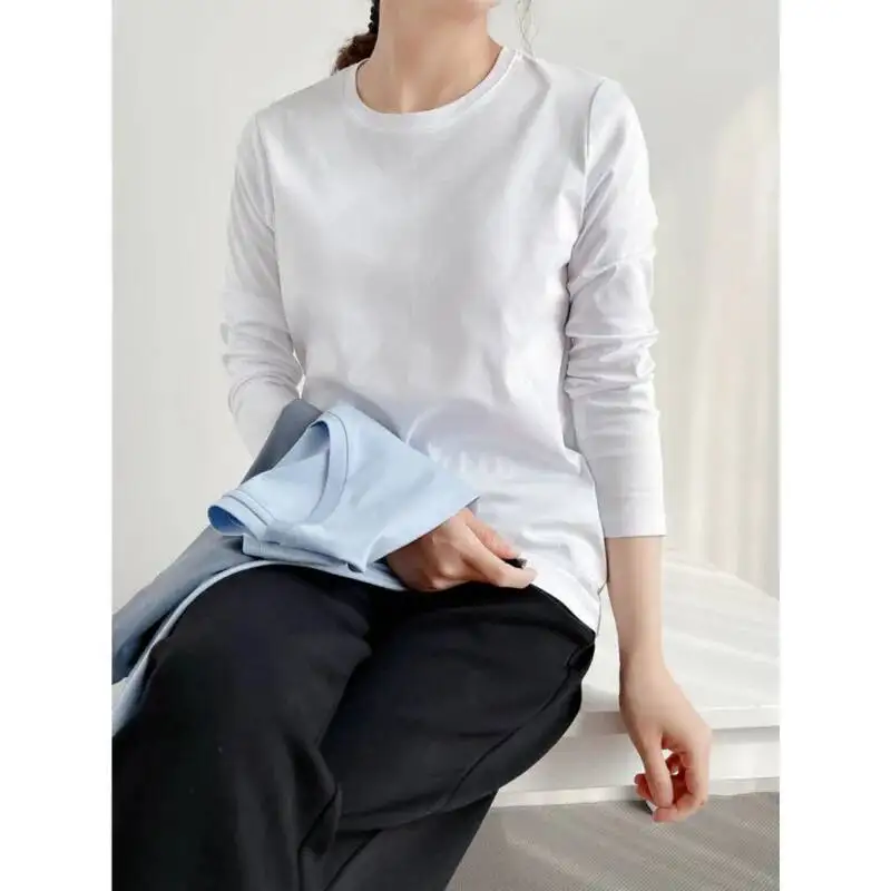 Mulberry Silk Cotton Long Sleeve T-shirt Women 6% Silk Round Neck V-neck Smooth Basic Loose Tops