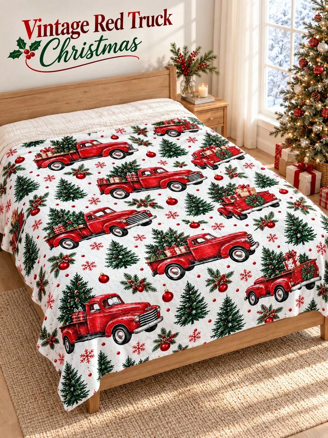 Christmas Flannel Blankets & Throws Pickup Trucks Trees Snowflakes Illustration for Sofa Bed Couch Bedroom Living Room Reading Nook Office Lounge Apartment Camper Travel Nap Cabin Home Decor Gifts Family Friends Thanksgiving Birthday Anniversary