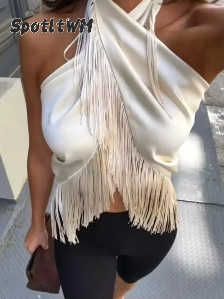 Fashion Solid Satin Halter Tassel Women's Top Sexy Backless Sleeveless Cross Front Cropped Fringe Vest Summer Night Streetwear