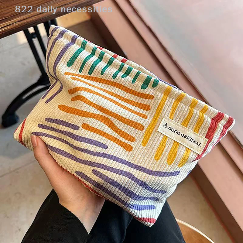 Corduroy Clash Color Striped Cosmetic Bag Wash Bag Women Travel Cosmetic Pouch Beauty Storage Cases Make Up Organizer Clutch Bag