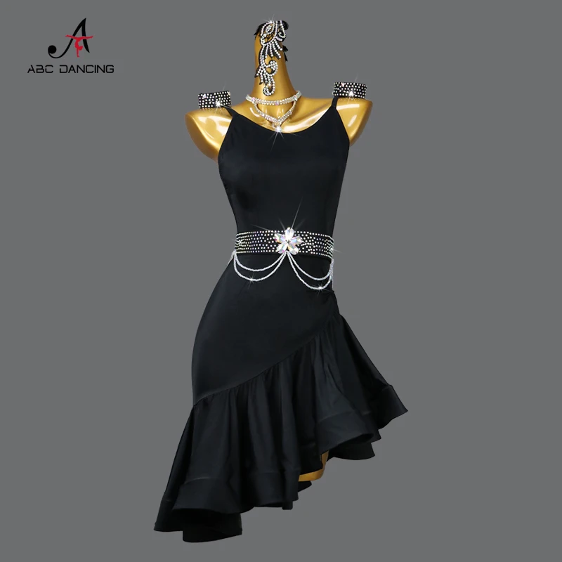 2024 Black Latin Dance Competition Dress Practice Wear Sexy Adult Ballroom Skirt Senior Sports Line Suit Prom Costume Customized