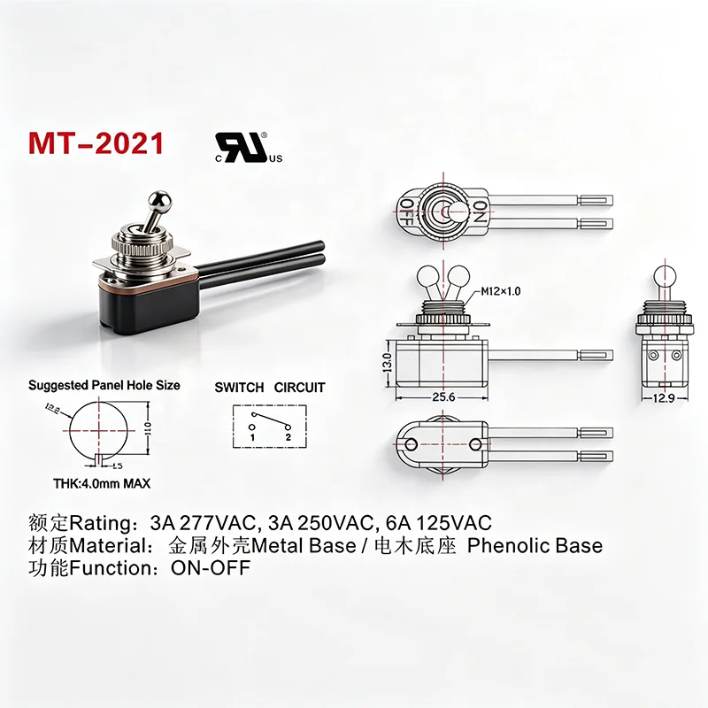 SPST ON-OFF Wired Toggle Switch 125V 6A Wiring Medium Toggle Switch for Electrical Equipment