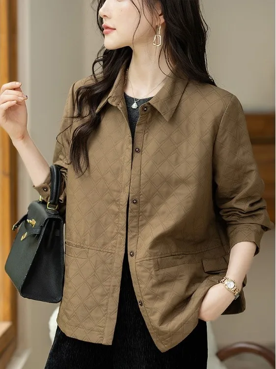 

Spring Faion Color Plaid ort Jaet Loose Casual Long Sve Turn-down Collar Women's plus Size Open Cardigan