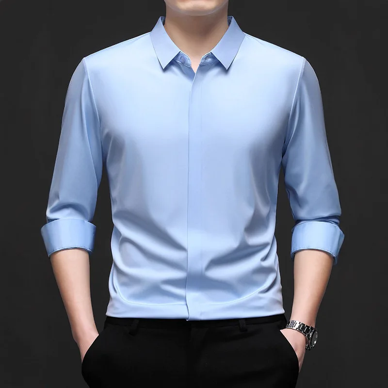 Dark placket single-sided full seamless shirt autumn men's solid color casual fashion long sleeve shirt top men's clothing trend