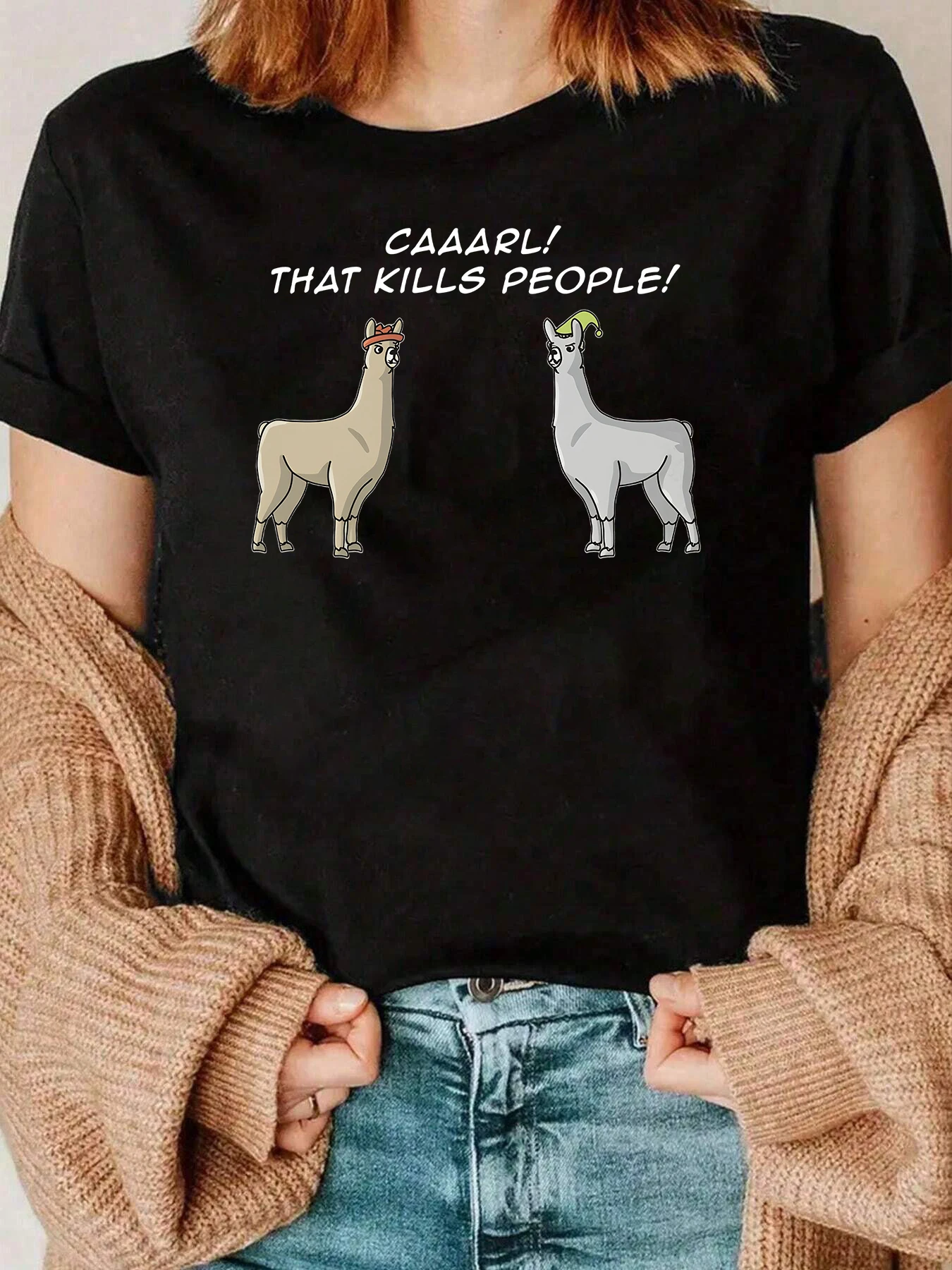 

Alpaca Caaarl That Kills People Graphic T-Shirt Casual Wear For Women 220g