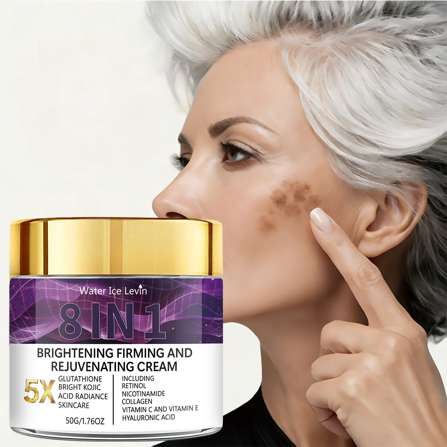 Water Ice Levin 8 in 1 Face Cream Brightening Firming Rejuvenating with Glutathione Kojic Acid Retinol Niacinamide Collagen 50g