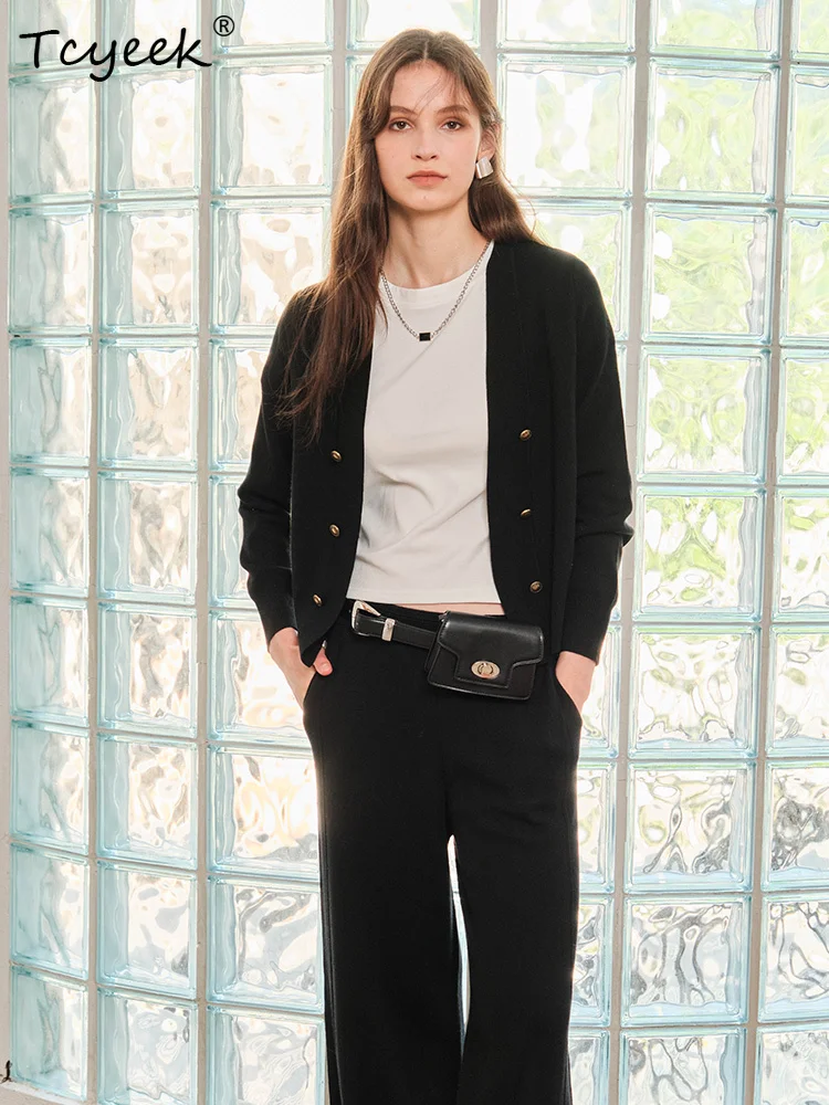 

Tcyeek, 31.5%Sheep Wool Elegant Cardigans, Women Long Sleeve Double-breasted, Casual Sweater Jacket, Autumn Winter T48006QM