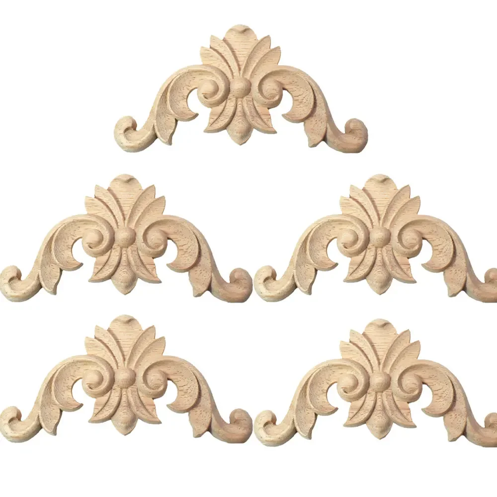5pcs Wood Carving Decal Unpainted Wood Carved Onlay Applique Wood Corner Applique for Door Cabinet Home Furniture Decor Craft