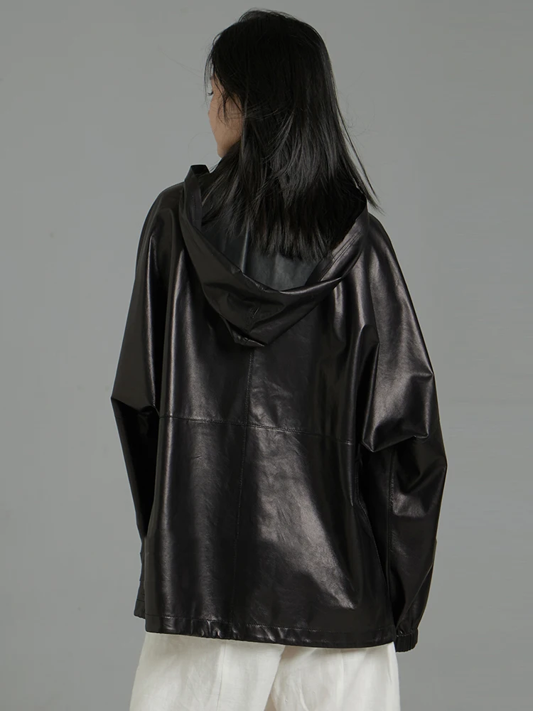 Casual Schwarz Echtes Leder Windjacke für Frauen Frühling Herbst High-end-Einfache Stehkragen Mit Kapuze Echt Schaffell Mantel