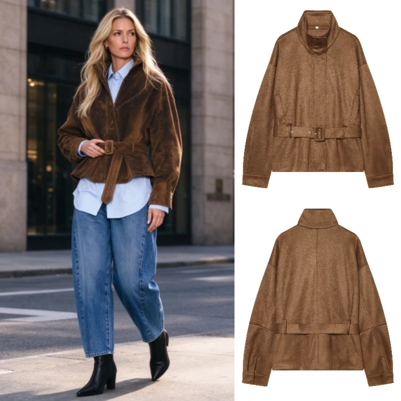 2026 Women's Leather Jacket classic commuter style With Belted New Autumn High Neck Long Sleeve Zipper Pocket Winter Coat