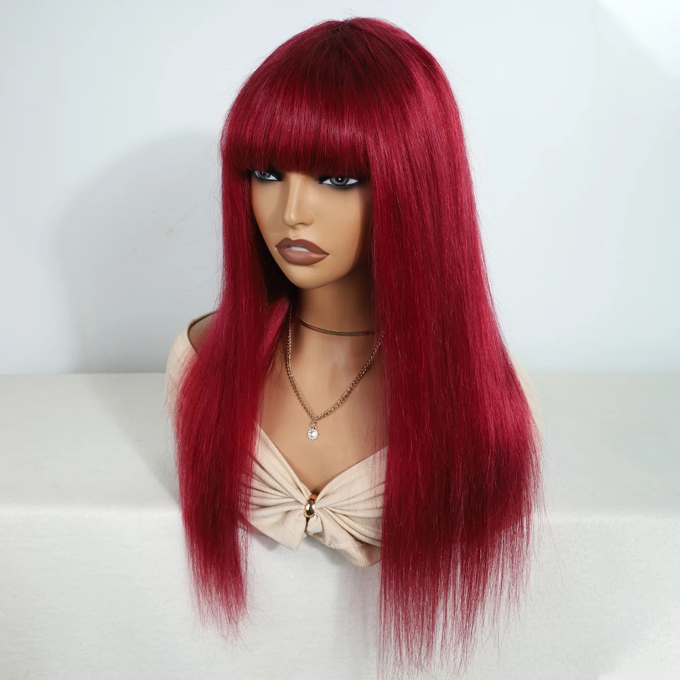 Sleek Burgury Red Staright Wigs With Bangs Human Hair Wig Easy to Go Color Wig Peruvian Straight Human Hair Wigs with Bangs