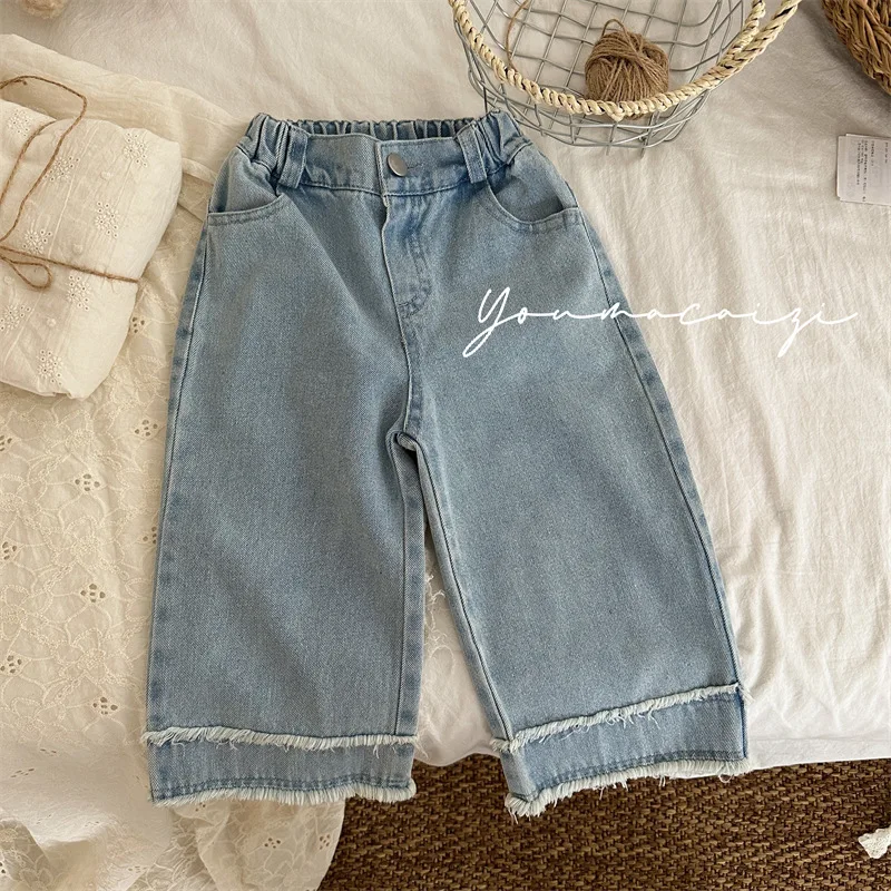 

Pants Jeans Boy Girl 2024 Spring Summer New Burrs Long Western Solid Color Versatile Comfortable Tide