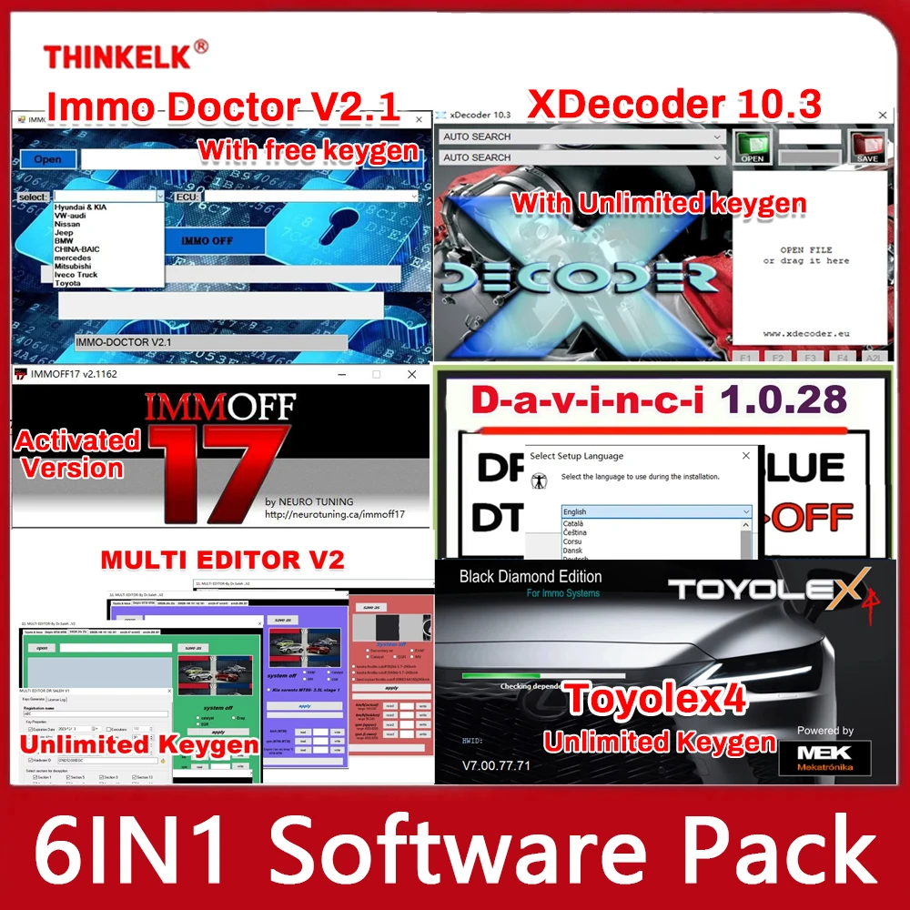 

IMMO DOCTOR V2.1 + XDecoder 10.3 + IMMOFF17 + Davinci 1.0.28 + MULTI EDITOR V2 + Toyolex4 Unlimited Keygen Car Repair software