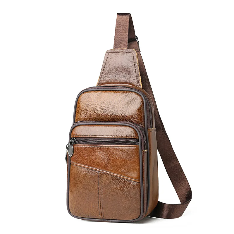 Leather chest bag, men's single-shoulder crossbody bag, sportswear and casual, large-capacity cowhide chest bag