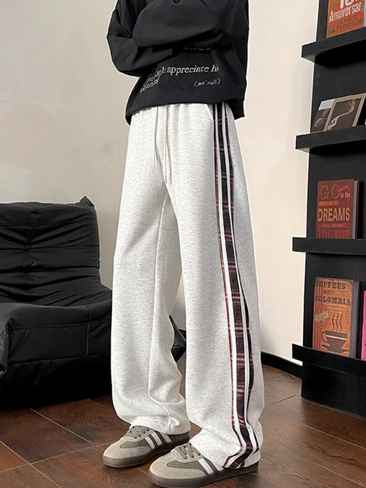

Мужские весенние широкие спортивные брюки прямого кроя, свободные повседневные спортивные штаны с белыми полосками, в стиле хип-хоп