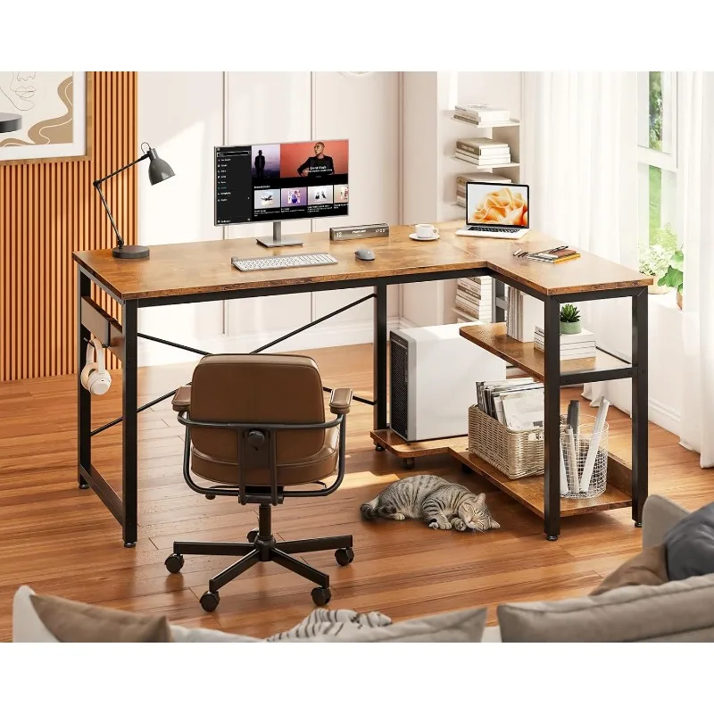 مكتب كمبيوتر على شكل حرف L، مكتب زاوية صغير مقاس 40 بوصة مع أرفف تخزين وحامل كمبيوتر، مكتب ألعاب قابل للعكس لغرفة النوم #6