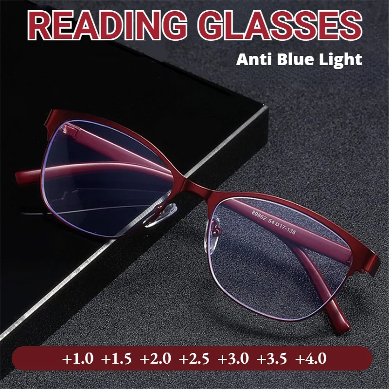 

Metal Cat's Eye Reading Glasses for Womne Blue Light Blocking Presbyopia Glasses Anti-Radiation Glasses +1.0 To +4.0