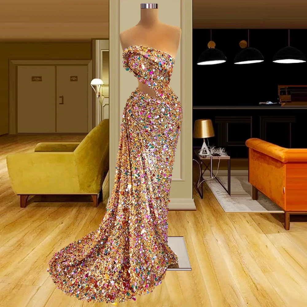 

Sparkle Prom Dresses Sheath Strapless Sequins Long Prom Gown Saudi Arabia Dubai Black Girls Evening Dresses