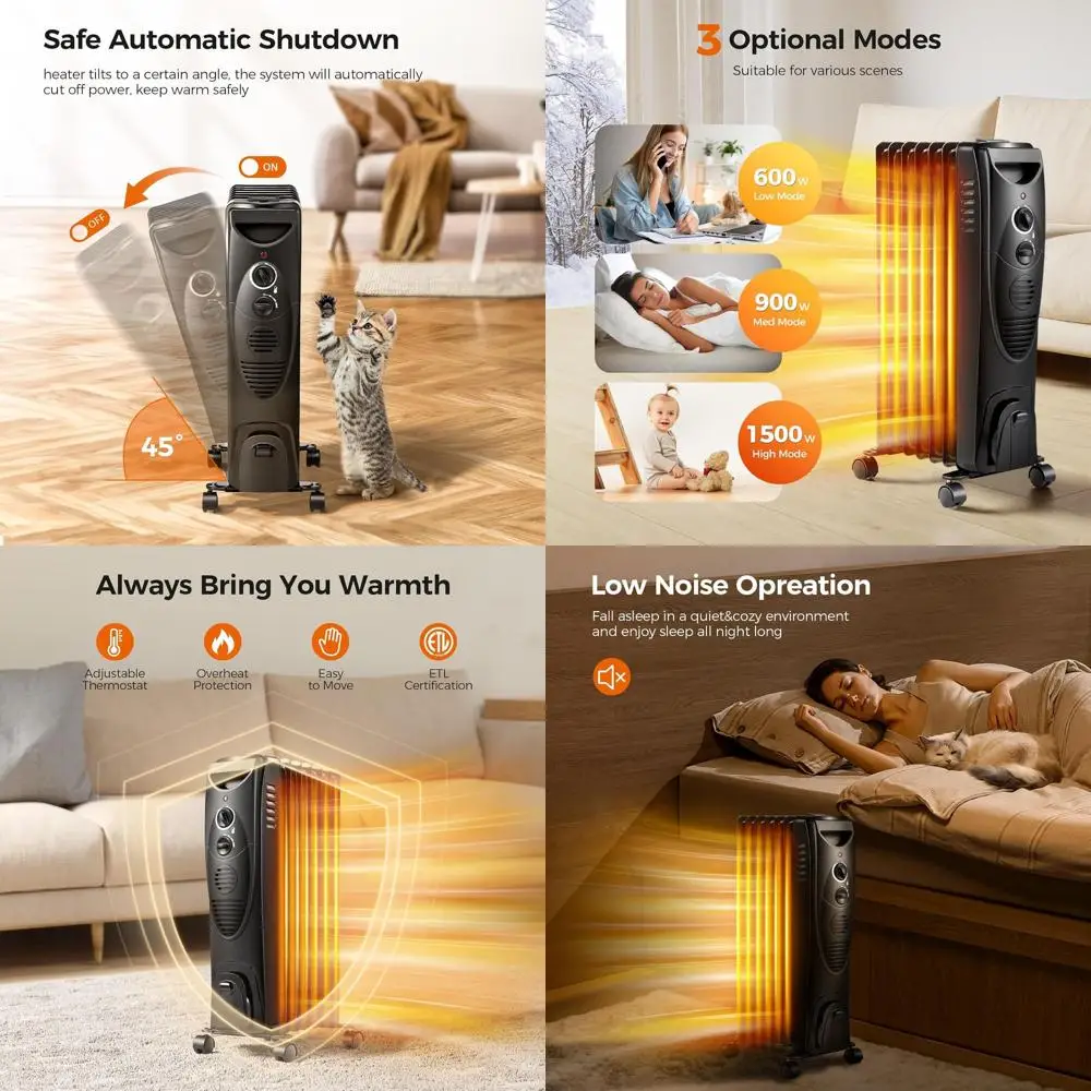 

Маслонаполненный портативный обогреватель с 3 режимами нагрева, регулируемым термостатом, защитой от перегрева и опрокидывания для внутреннего использования, 1500 Вт (черный)