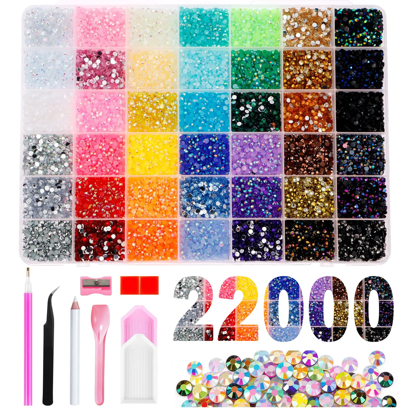22000PCS 3mm Resin Rhinestones for Nail Art, 42 AB Colors Flatback Non-Hotfix Craft Gems with Pick Pen Tweezers Spoon & Trays