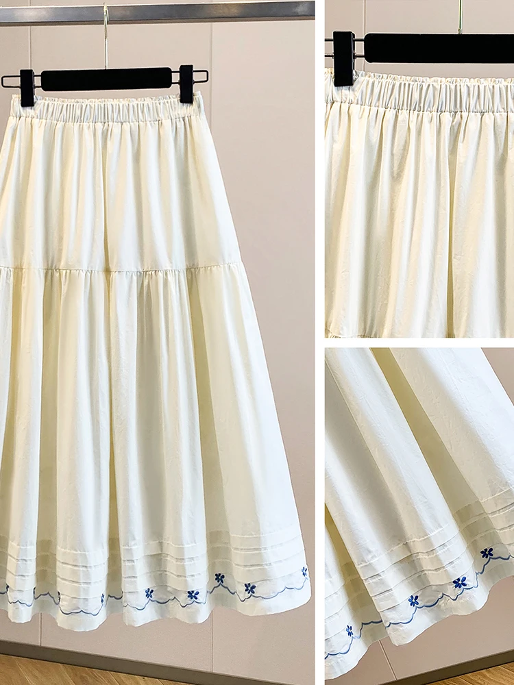 New National Style Retro Ivory Rice Blue Flower Embroidery Pleated Half Skirt Women's Summer Linen A-Line Bloom Umbrella Skirt